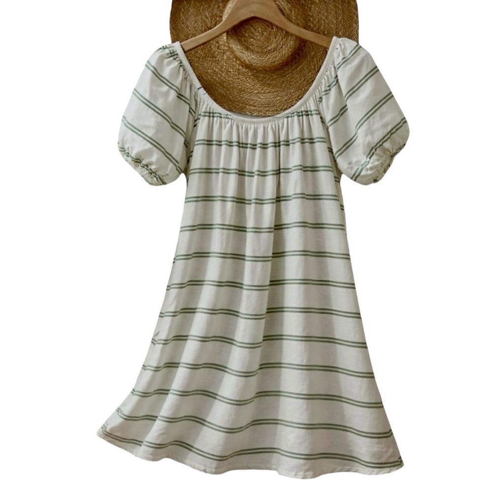 American Eagle Outfitters Women’s White Green Striped Puff Sleeve Dress Large